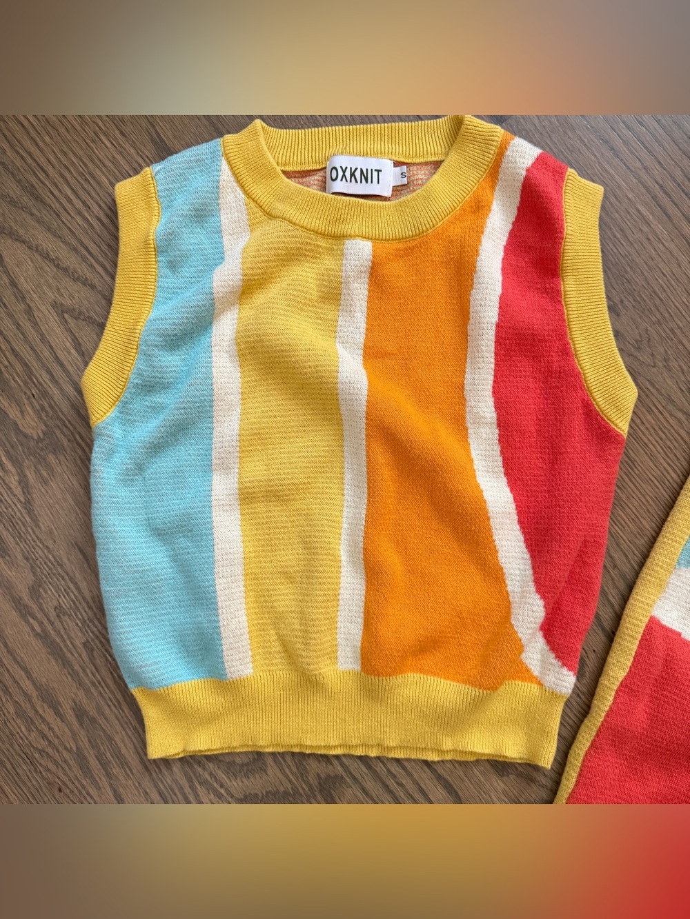 OxKnit Yellow Colorblock VTG Vest Skirt Suit Set S Sweater 60s 70s Retro Knit - Picture 4 of 13